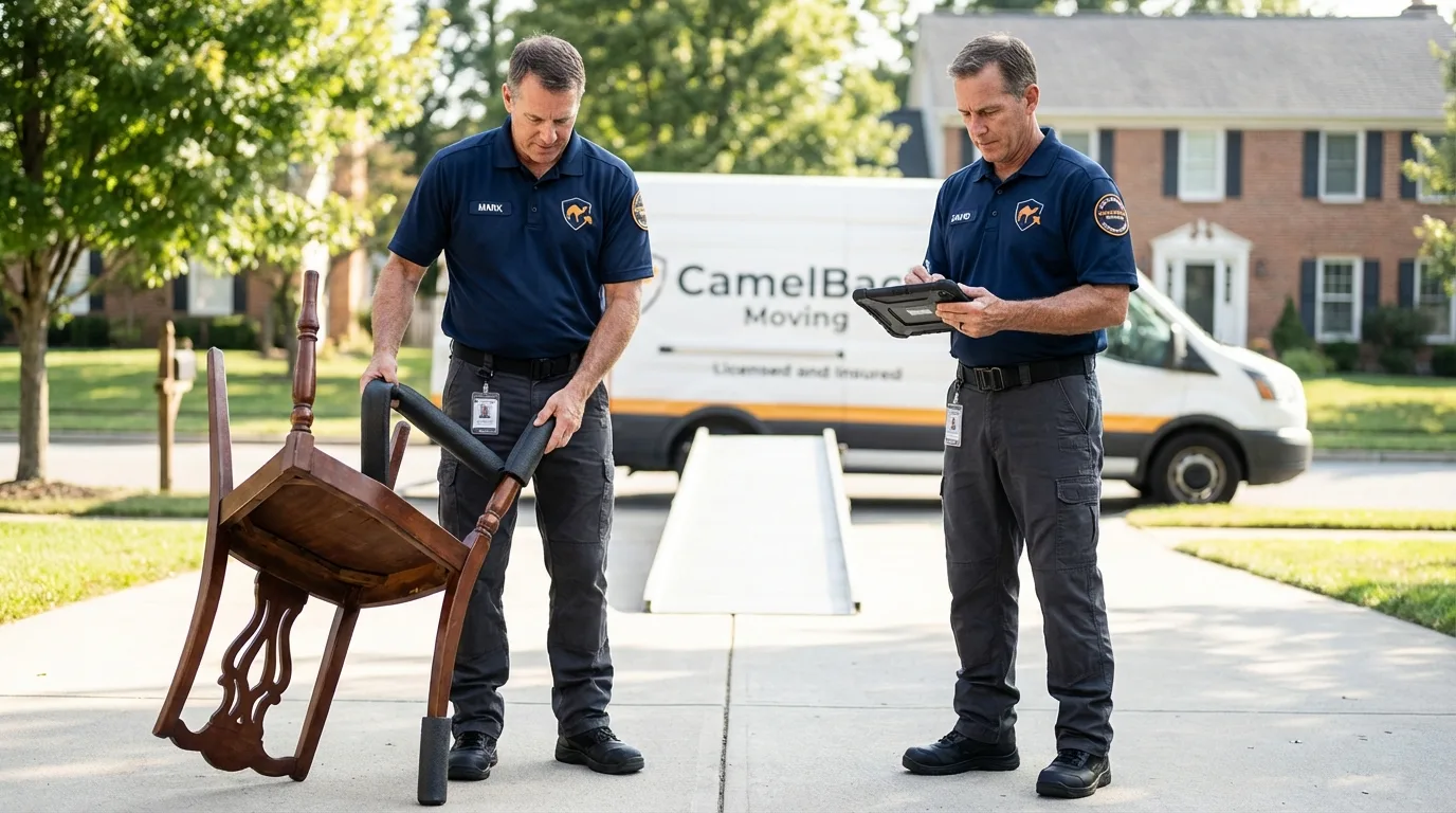 Movers inspecting furniture for damage prevention before loading in Campbelltown, PA
