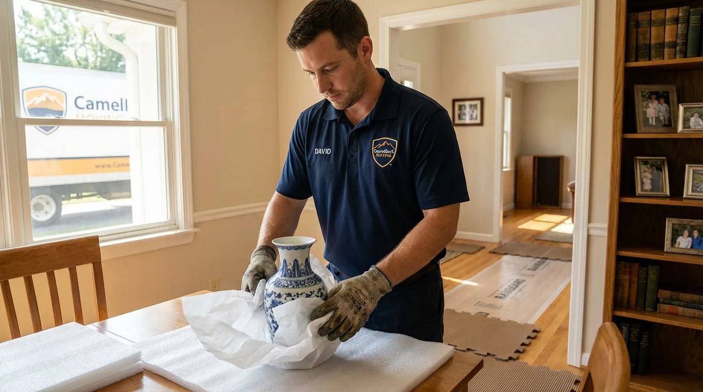 Professional crew carefully wrapping antique vase for senior downsizing move in Campbelltown, PA